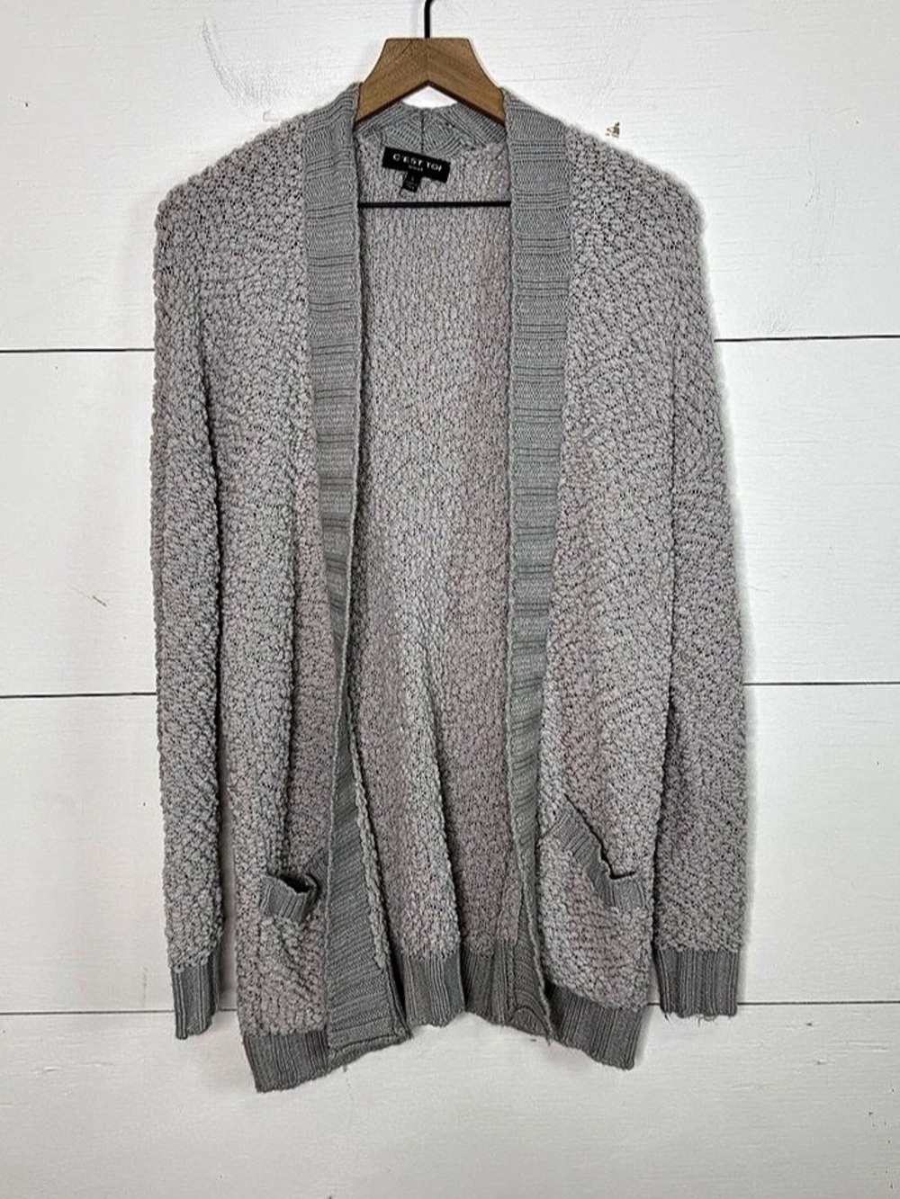 C'est Toi Tricot • Open Front Popcorn Cardigan in Gray Size Large